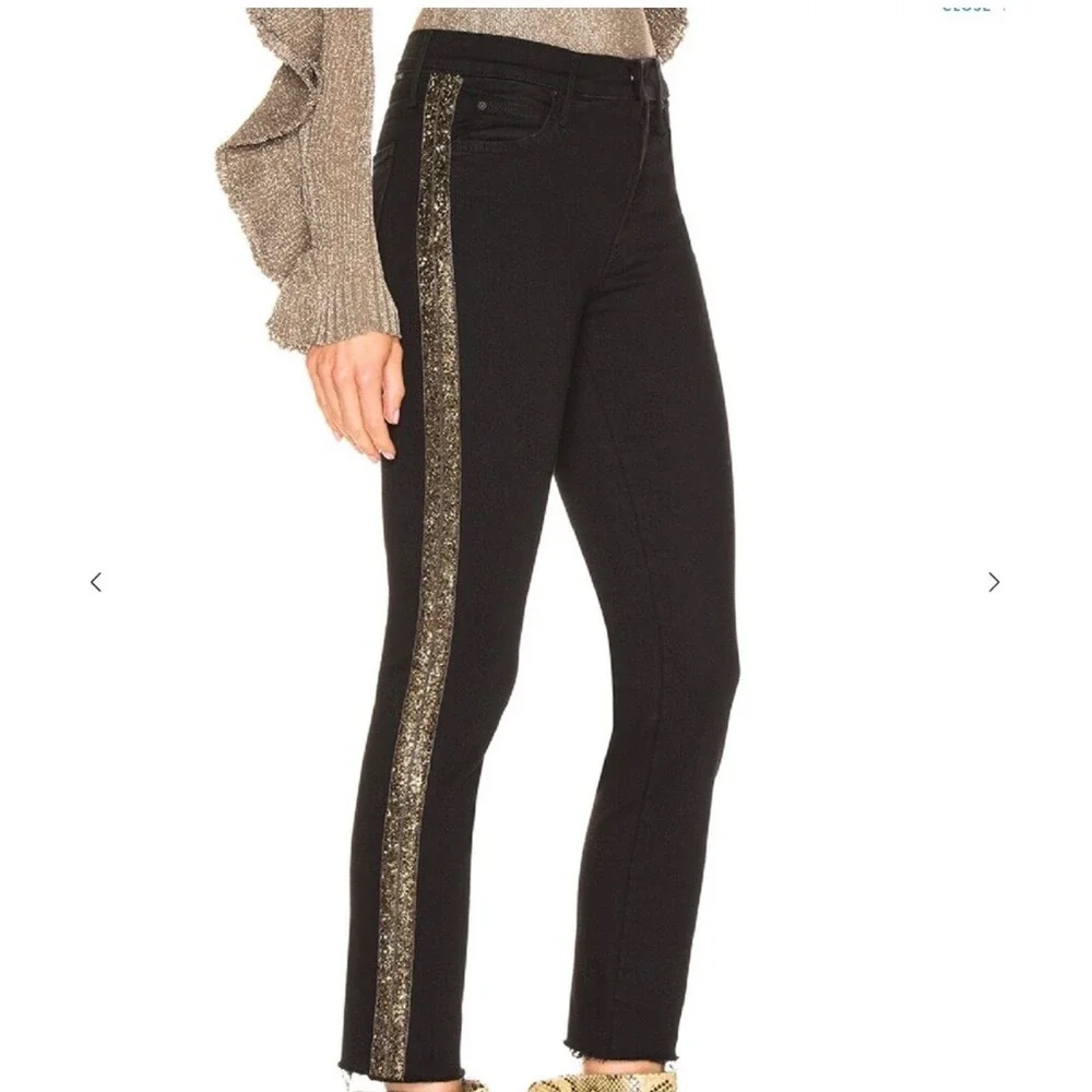 $238 MOTHER Rascal Ankle Fray Blk Beaded Stripe Raw Hem Jeans 28 HiRise Straight